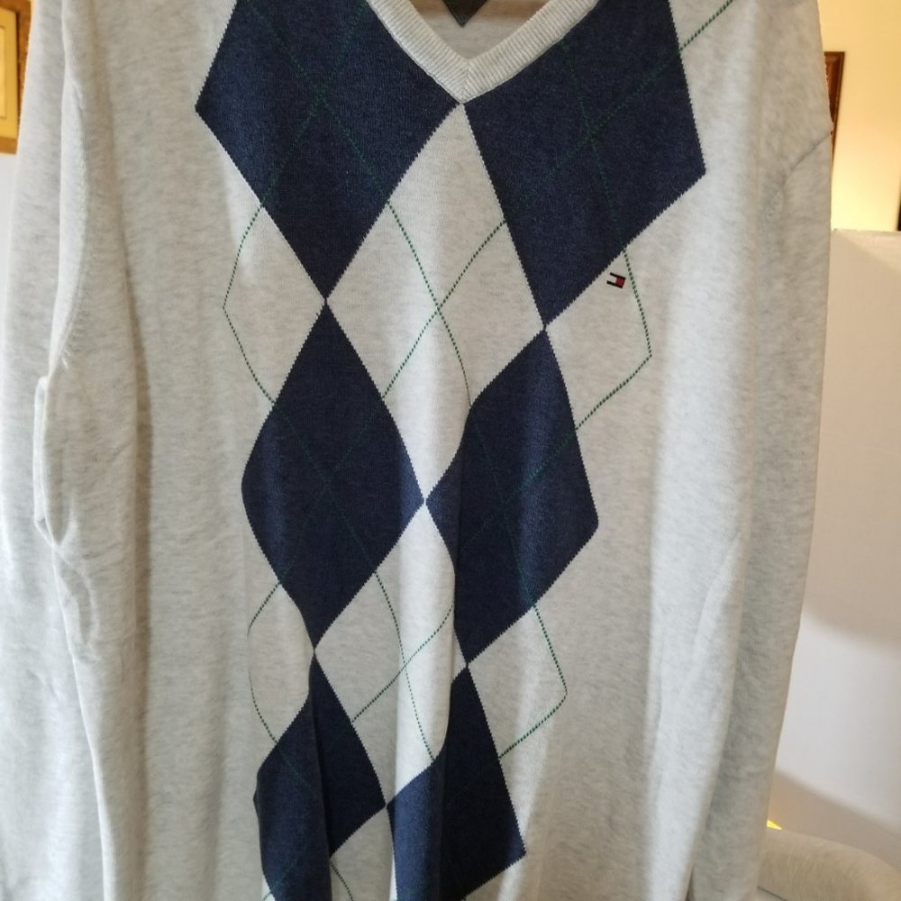 Tommy Hilfiger Blue/Gray Long Sleeve Diamond Print Pull Over Sweater Size XXL